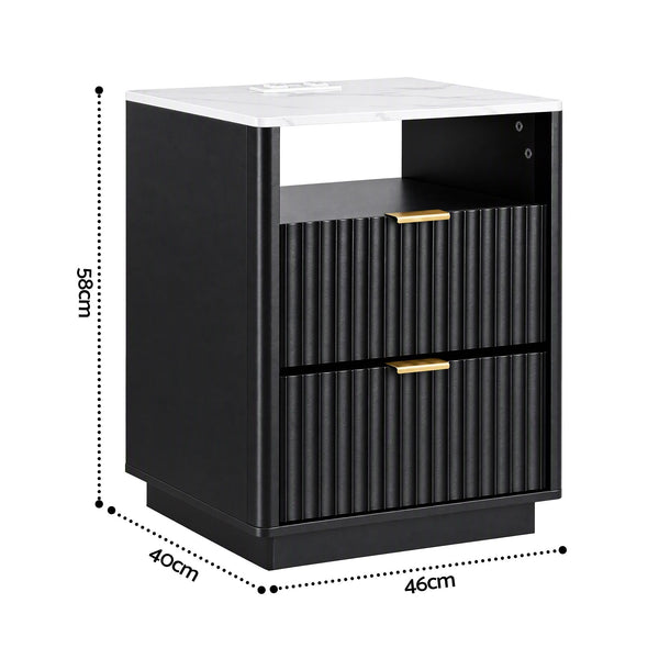 Artiss Bedside Table with Charging Station and 2 Drawers Black Awezingly