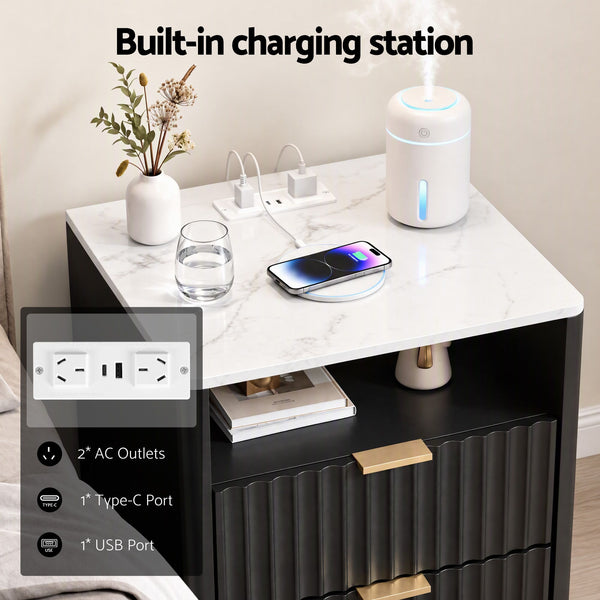 Artiss Bedside Table with Charging Station and 2 Drawers Black Awezingly