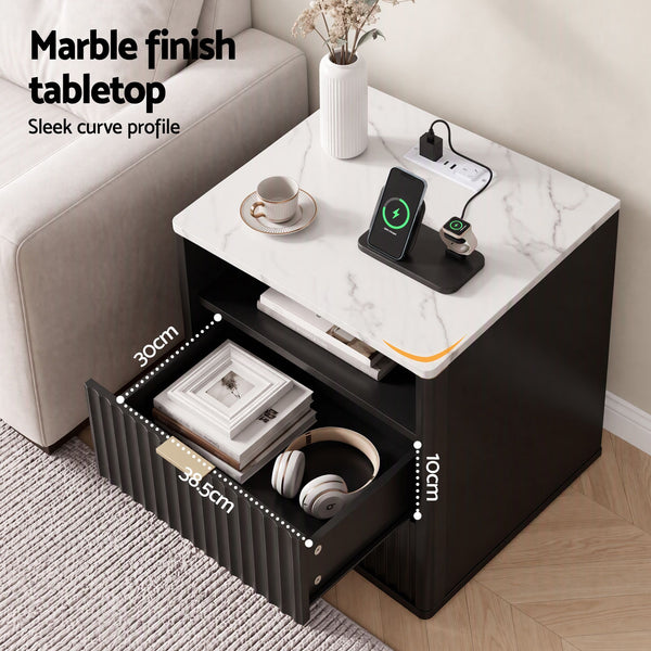 Artiss Bedside Table with Charging Station and 2 Drawers Black Awezingly