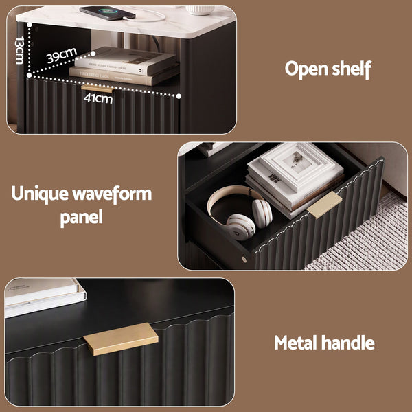 Artiss Bedside Table with Charging Station and 2 Drawers Black Awezingly