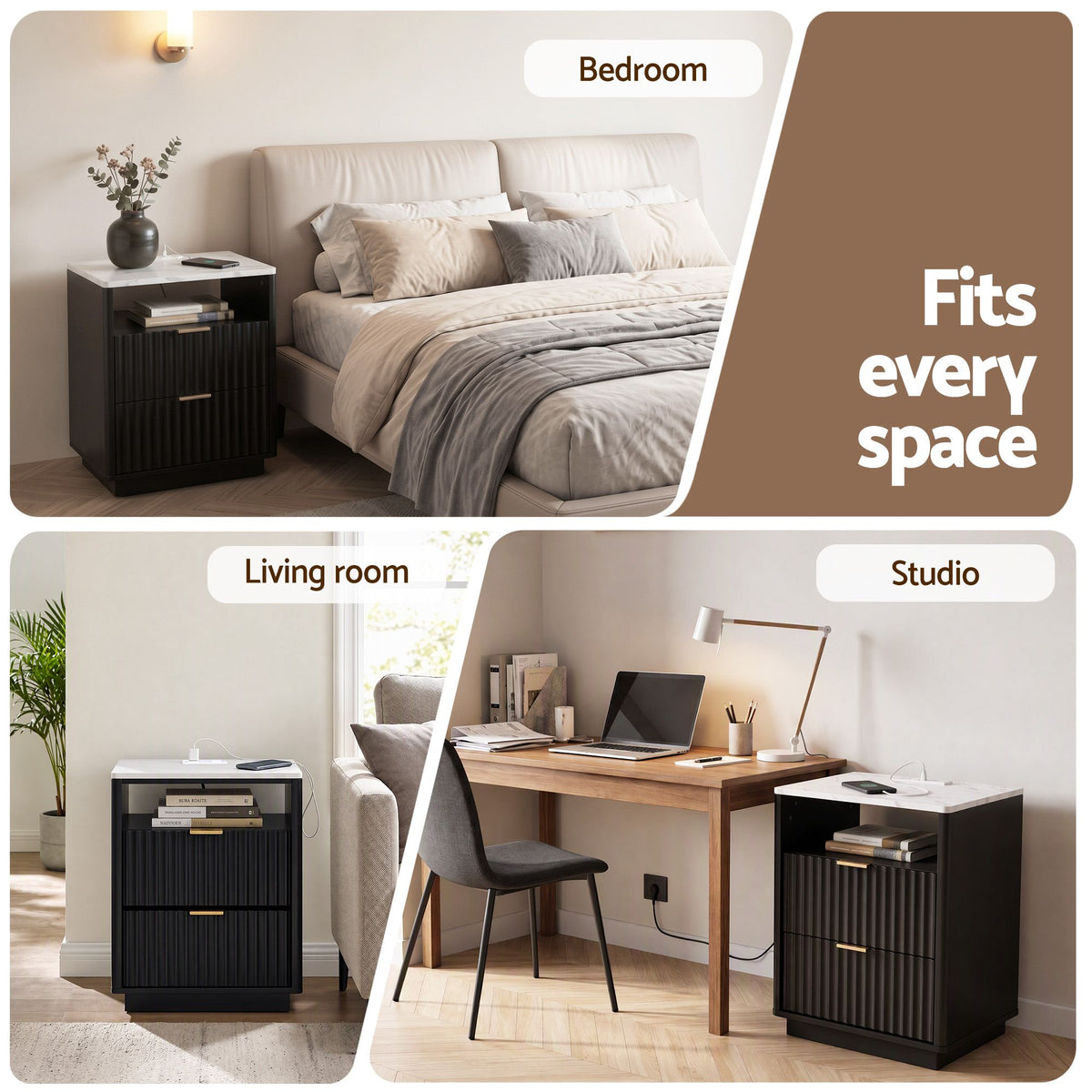 Artiss Bedside Table with Charging Station and 2 Drawers Black Awezingly