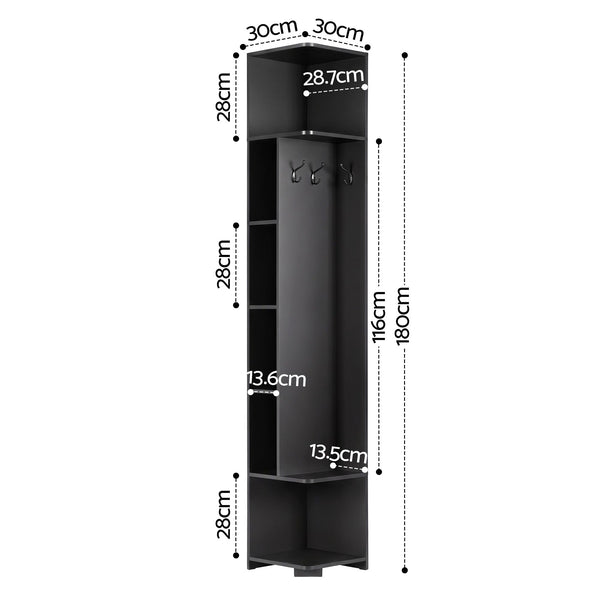 Artiss Corner Bookshelf 6-Tier Shelving with Coat Rack Black Awezingly