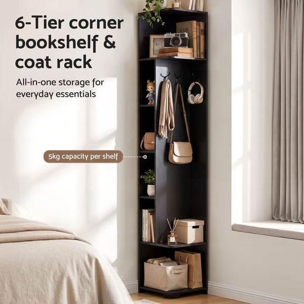 Artiss Corner Bookshelf 6-Tier Shelving with Coat Rack Black Awezingly