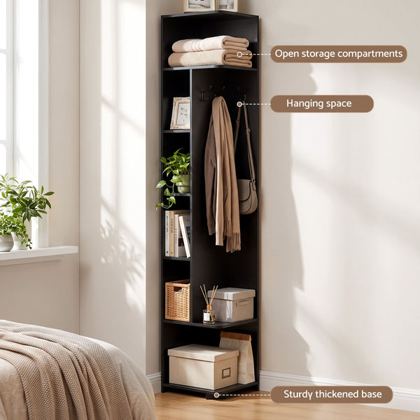 Artiss Corner Bookshelf 6-Tier Shelving with Coat Rack Black Awezingly