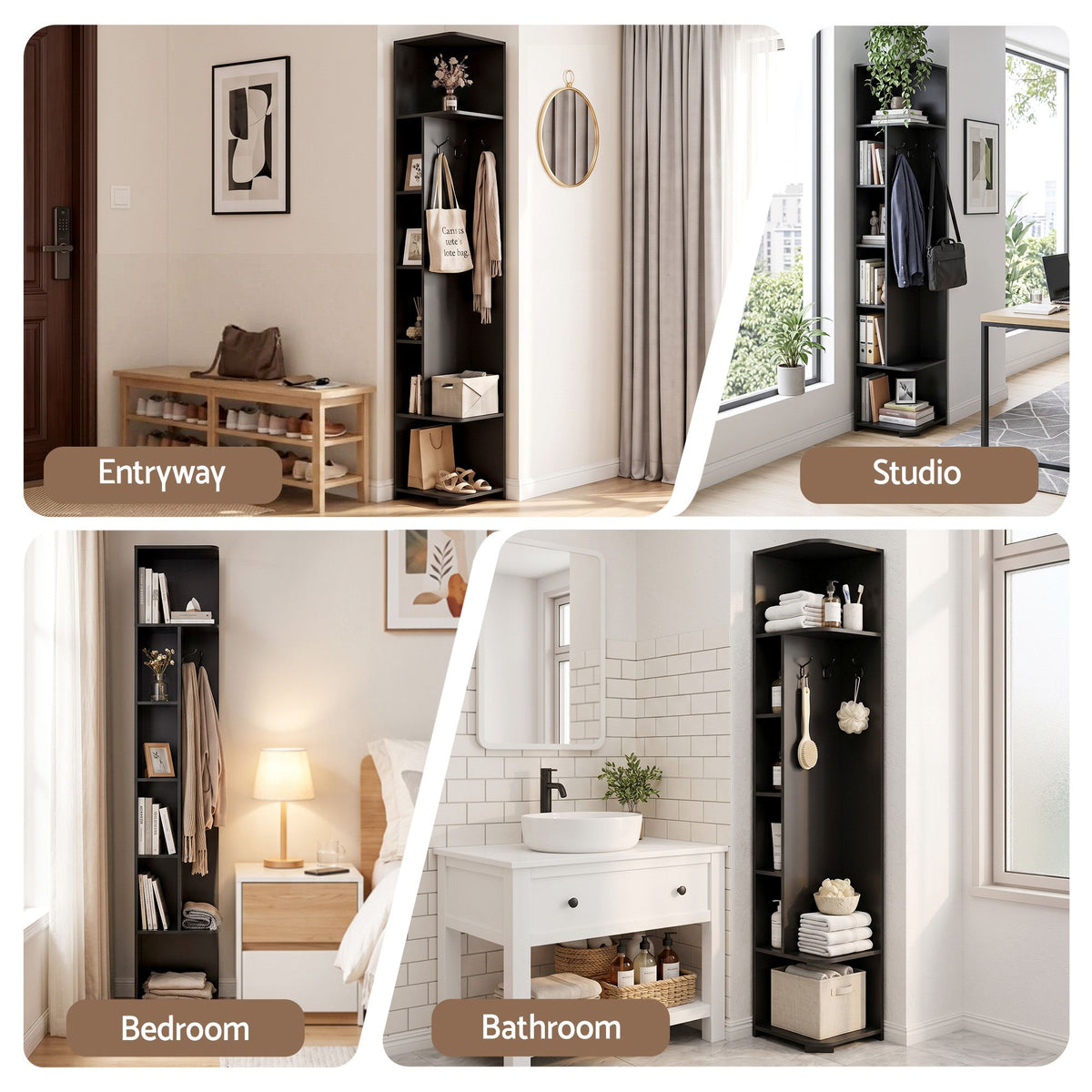 Artiss Corner Bookshelf 6-Tier Shelving with Coat Rack Black Awezingly