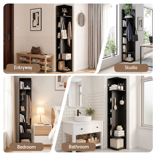 Artiss Corner Bookshelf 6-Tier Shelving with Coat Rack Black Awezingly