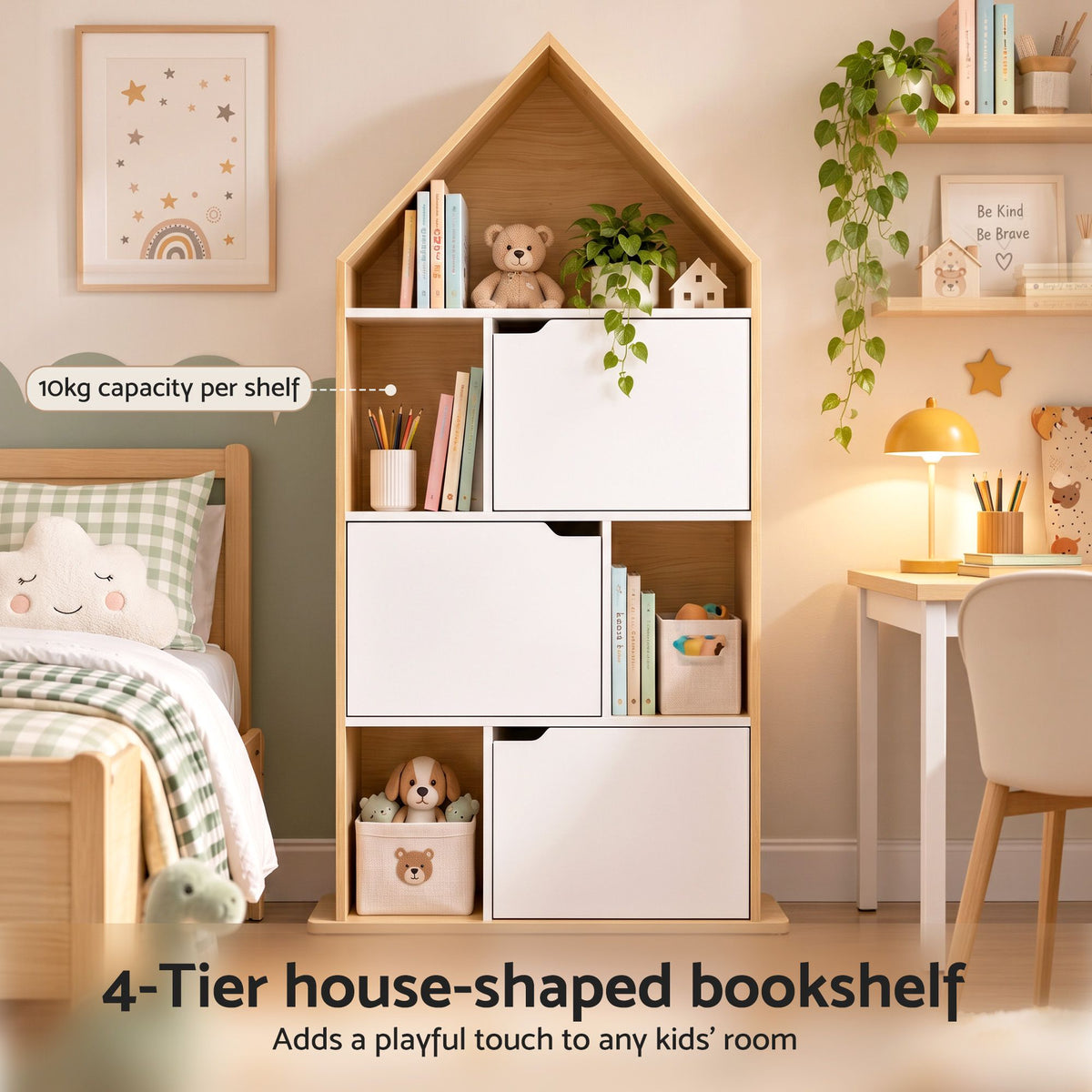 Artiss House Bookshelf 4 Tier Kids Storage Cabinet Shelf Unit White Pine Awezingly
