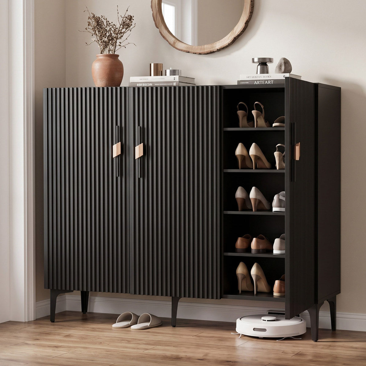 Artiss Shoe Cabinet Fluted Style 25 Pairs Shoe Storage Cupboard Black Awezingly