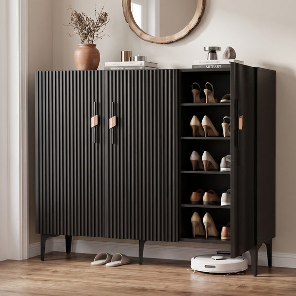 Artiss Shoe Cabinet Fluted Style 25 Pairs Shoe Storage Cupboard Black Awezingly