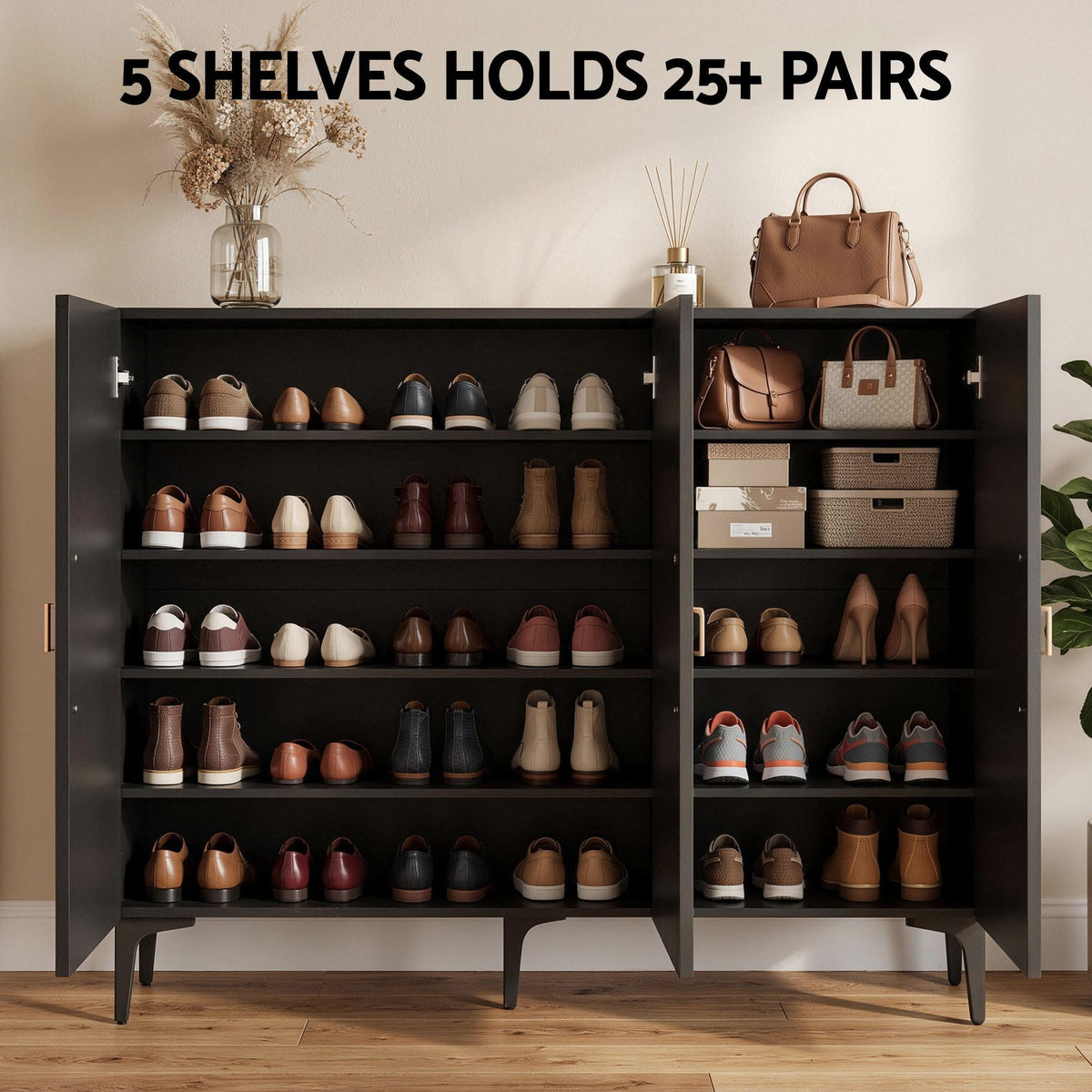 Artiss Shoe Cabinet Fluted Style 25 Pairs Shoe Storage Cupboard Black Awezingly