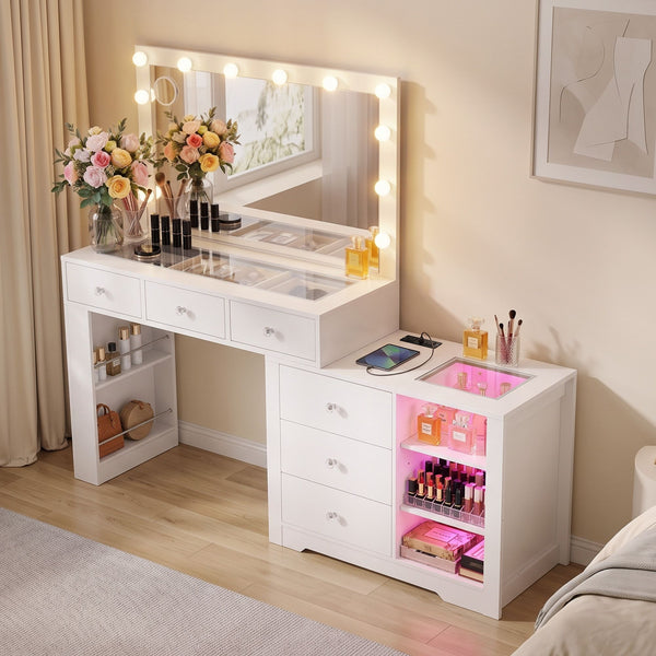 Artiss Dressing Table Mirror Charging Station Glass Top Makeup Vanity Desk RGB Cabinet Storage Drawers Hairdryer Holder White Awezingly