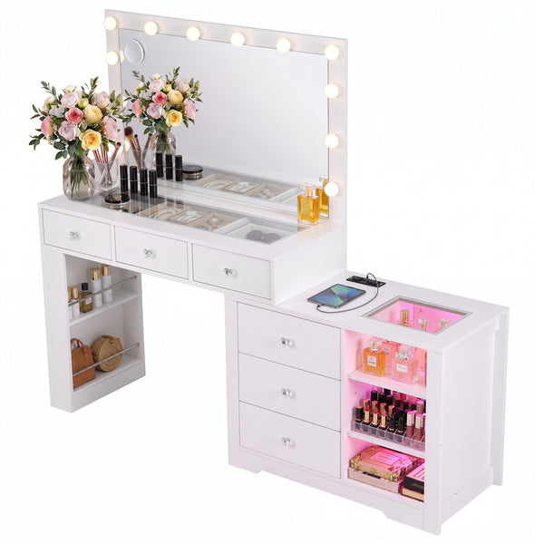 Artiss Dressing Table Mirror Charging Station Glass Top Makeup Vanity Desk RGB Cabinet Storage Drawers Hairdryer Holder White Awezingly