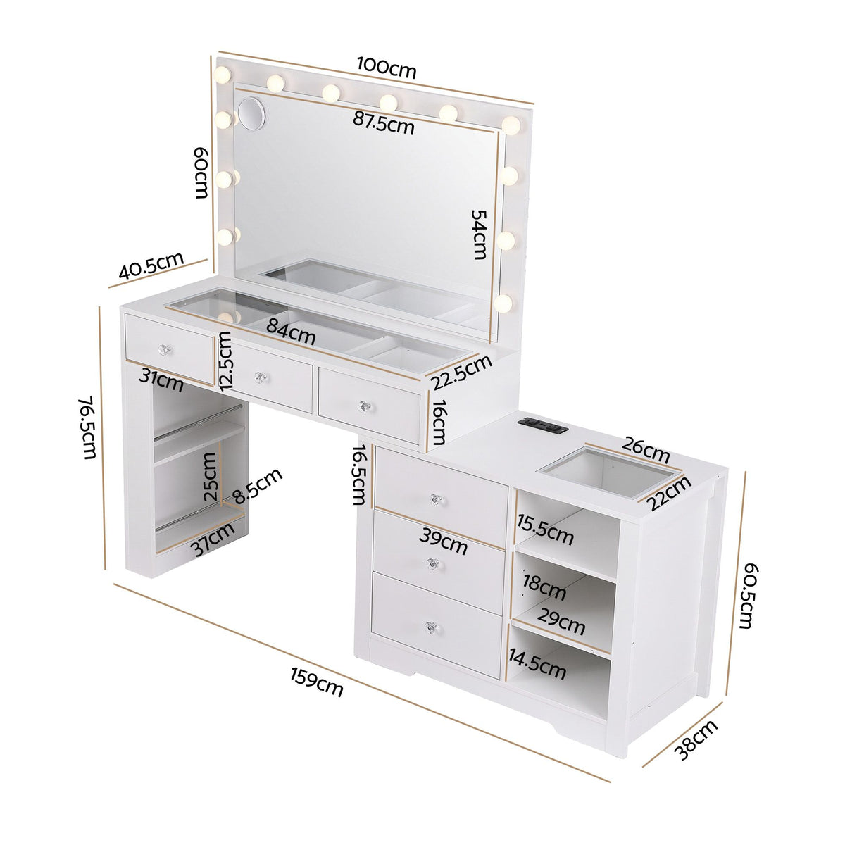 Artiss Dressing Table Mirror Charging Station Glass Top Makeup Vanity Desk RGB Cabinet Storage Drawers Hairdryer Holder White Awezingly
