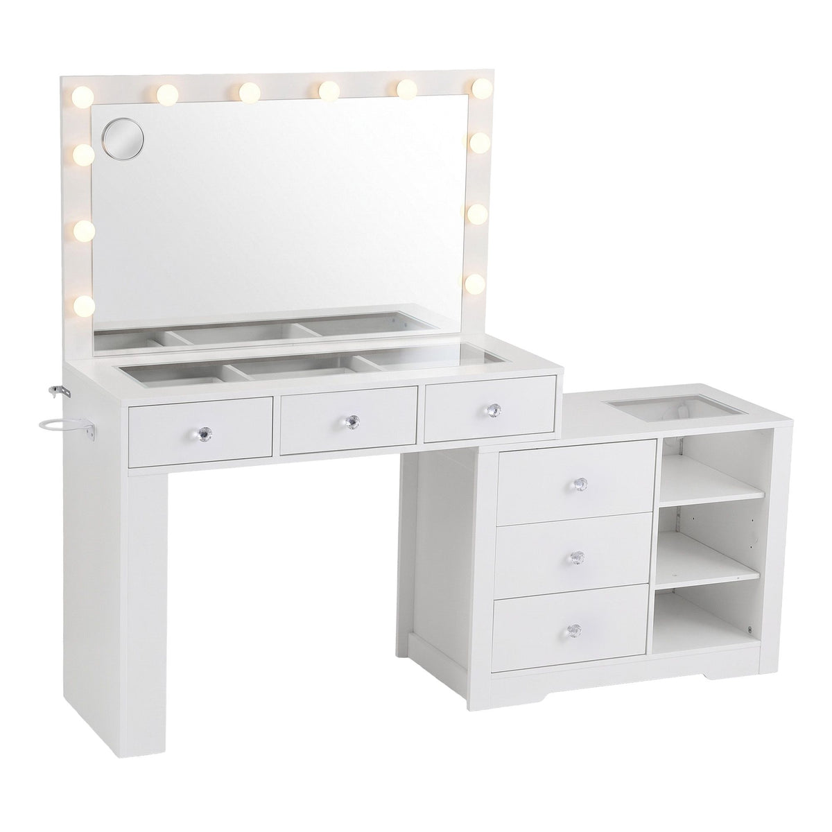 Artiss Dressing Table Mirror Charging Station Glass Top Makeup Vanity Desk RGB Cabinet Storage Drawers Hairdryer Holder White Awezingly