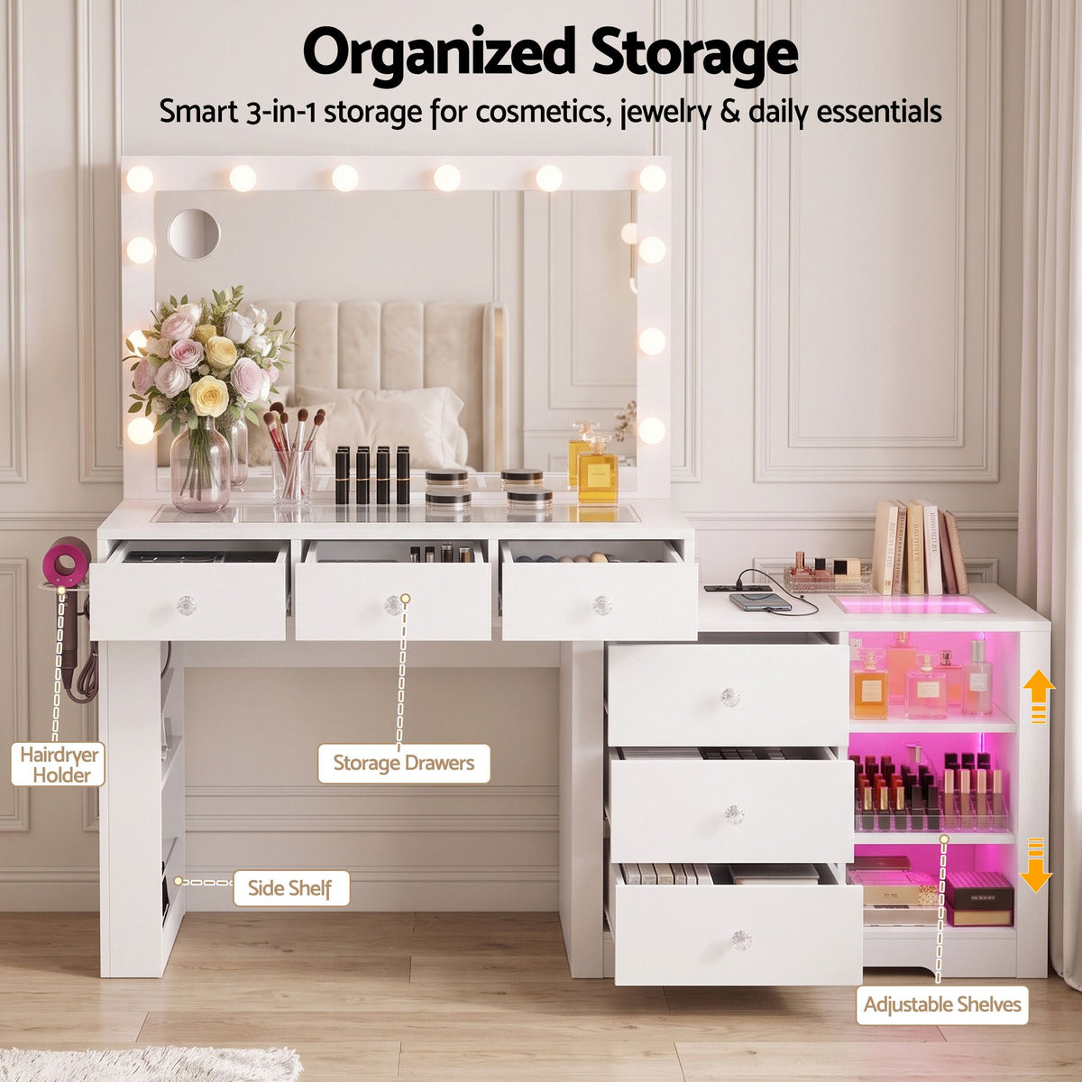 Artiss Dressing Table Mirror Charging Station Glass Top Makeup Vanity Desk RGB Cabinet Storage Drawers Hairdryer Holder White Awezingly