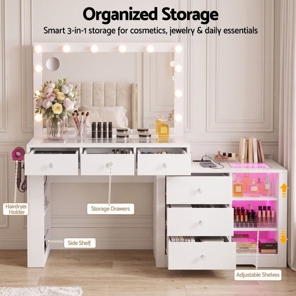 Artiss Dressing Table Mirror Charging Station Glass Top Makeup Vanity Desk RGB Cabinet Storage Drawers Hairdryer Holder White Awezingly