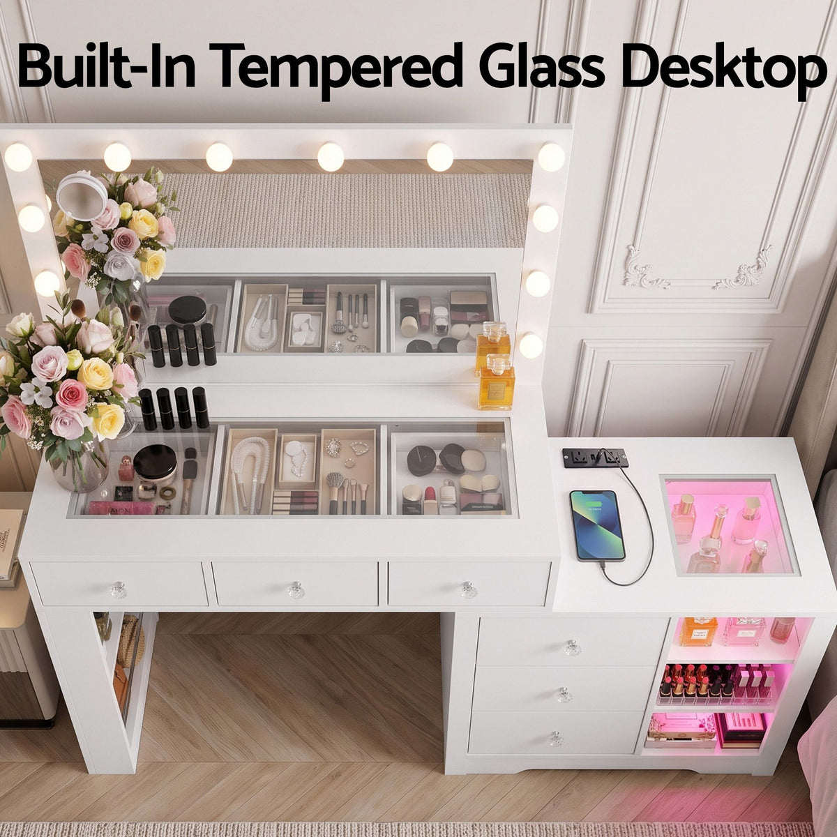 Artiss Dressing Table Mirror Charging Station Glass Top Makeup Vanity Desk RGB Cabinet Storage Drawers Hairdryer Holder White Awezingly