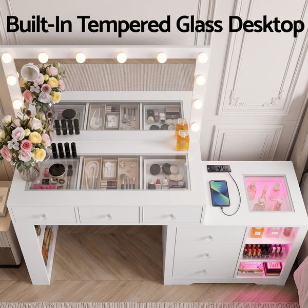 Artiss Dressing Table Mirror Charging Station Glass Top Makeup Vanity Desk RGB Cabinet Storage Drawers Hairdryer Holder White Awezingly