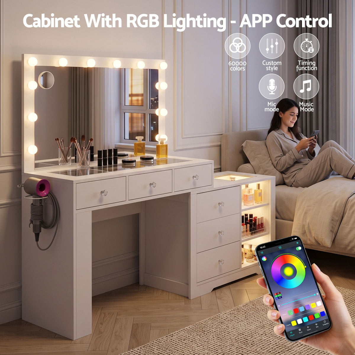 Artiss Dressing Table Mirror Charging Station Glass Top Makeup Vanity Desk RGB Cabinet Storage Drawers Hairdryer Holder White Awezingly