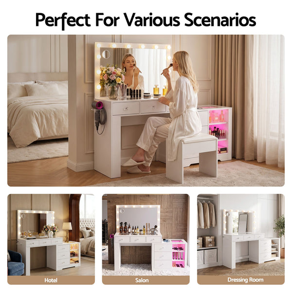 Artiss Dressing Table Mirror Charging Station Glass Top Makeup Vanity Desk RGB Cabinet Storage Drawers Hairdryer Holder White Awezingly
