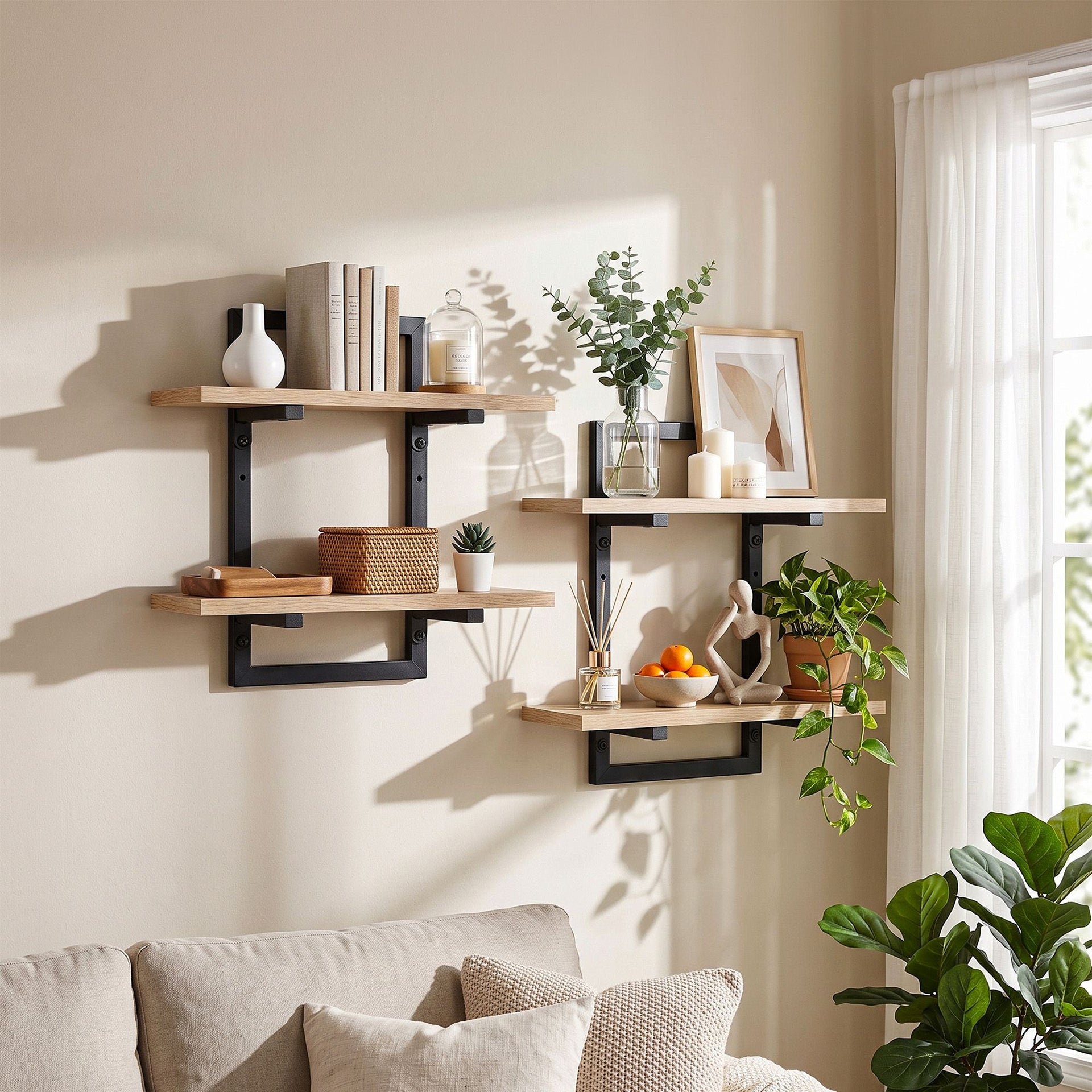 Artiss Set of 2 Floating Wall Shelf 2-Tier Wall-Mounted Display Ledge Wood & Metal Awezingly