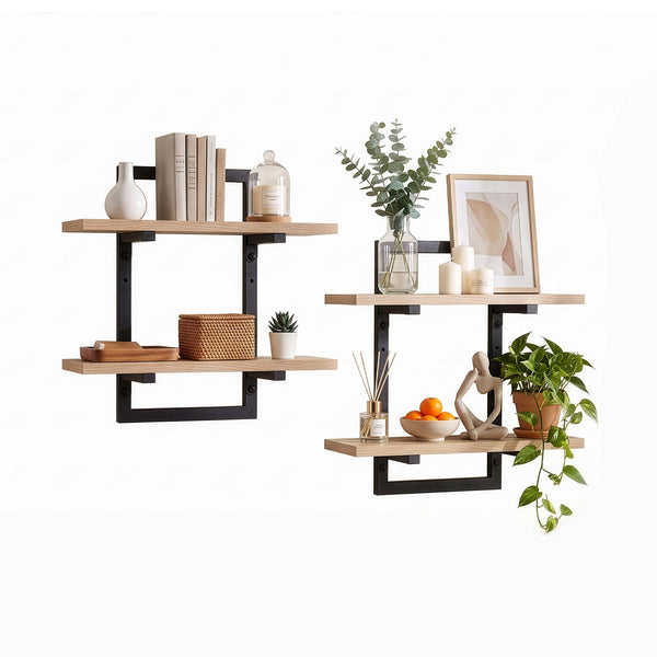 Artiss Set of 2 Floating Wall Shelf 2-Tier Wall-Mounted Display Ledge Wood & Metal Awezingly