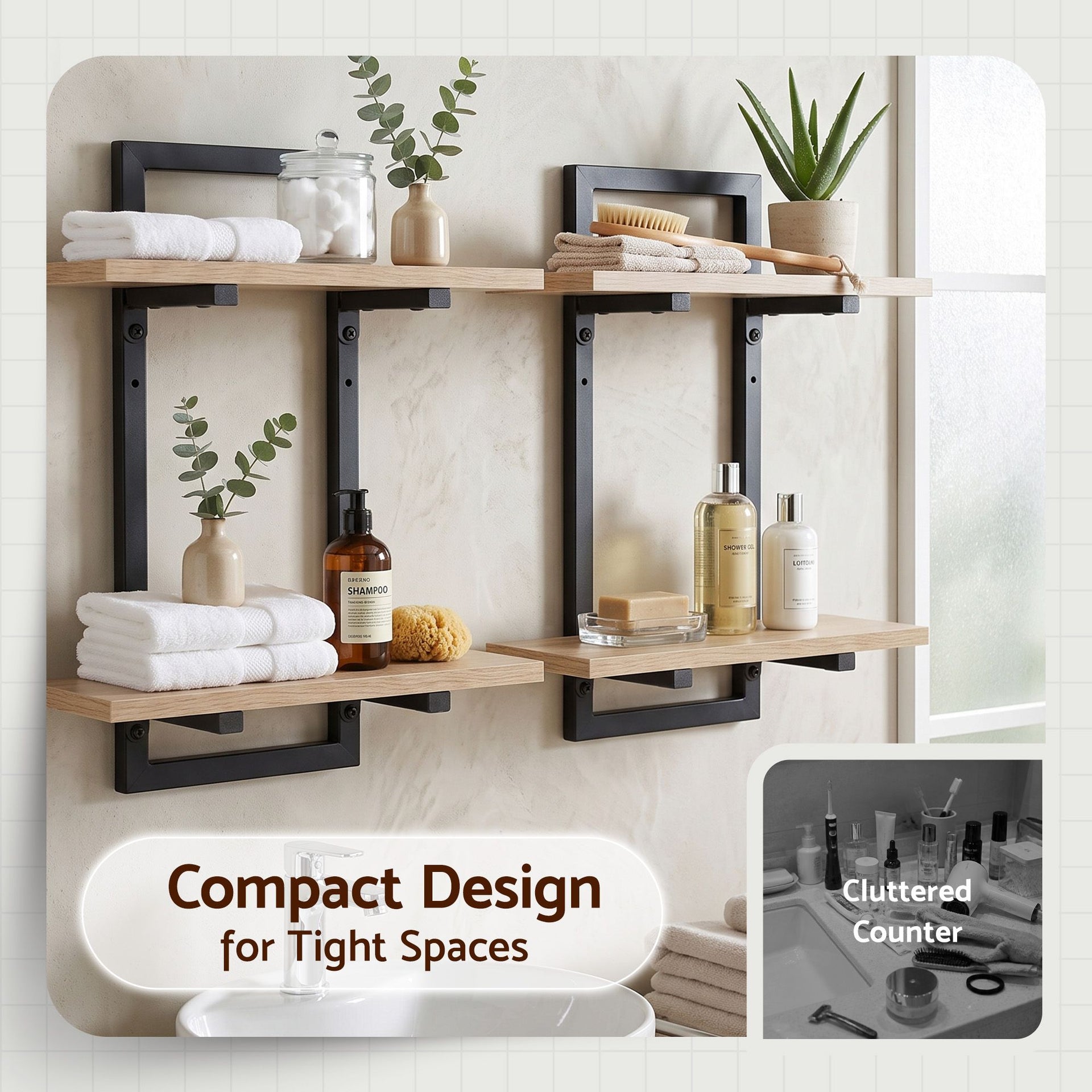 Artiss Set of 2 Floating Wall Shelf 2-Tier Wall-Mounted Display Ledge Wood & Metal Awezingly