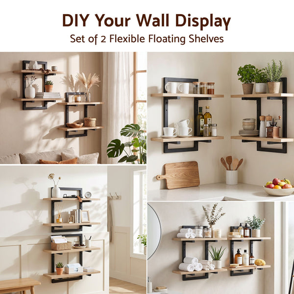 Artiss Set of 2 Floating Wall Shelf 2-Tier Wall-Mounted Display Ledge Wood & Metal Awezingly