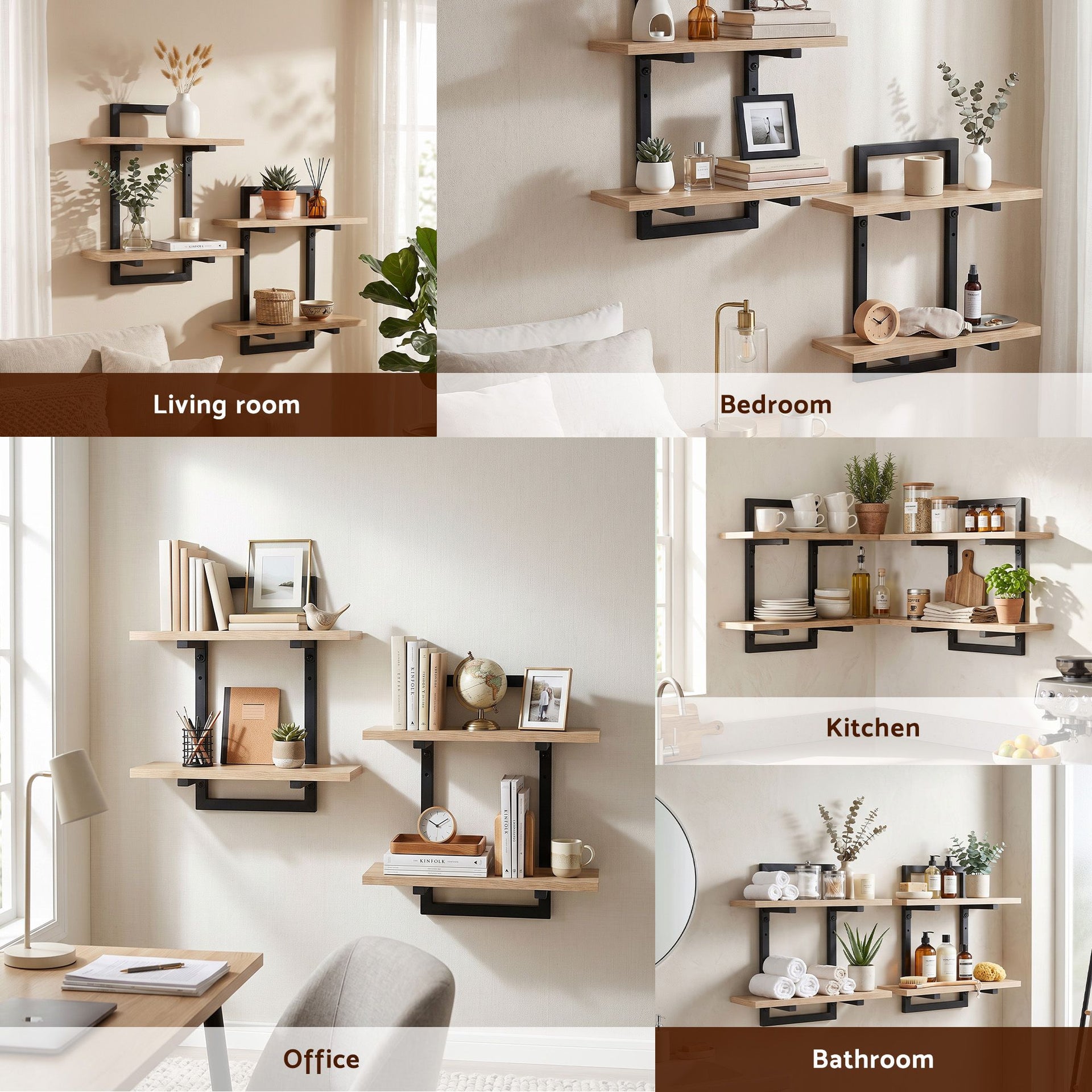 Artiss Set of 2 Floating Wall Shelf 2-Tier Wall-Mounted Display Ledge Wood & Metal Awezingly