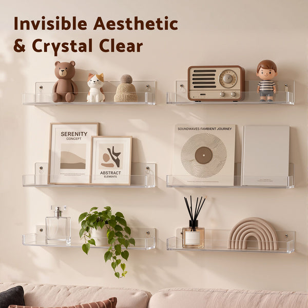 Artiss 6-Pack Acrylic Wall Shelves, Clear Floating Display Shelf with Detachable Panels & Front Lip Awezingly