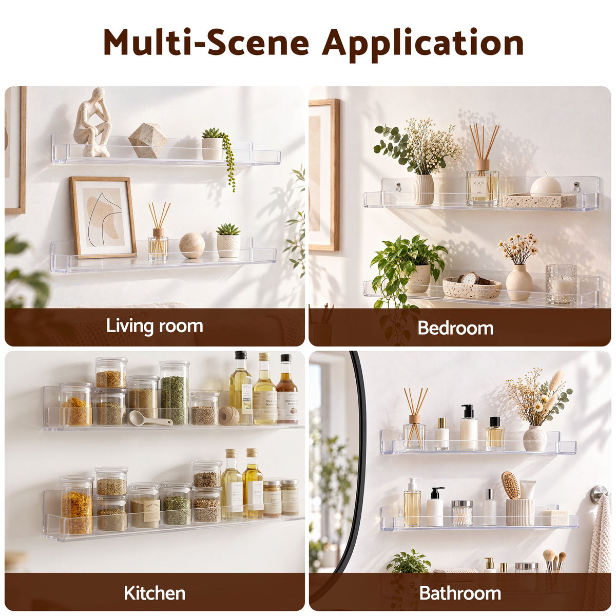 Artiss 6-Pack Acrylic Wall Shelves, Clear Floating Display Shelf with Detachable Panels & Front Lip Awezingly