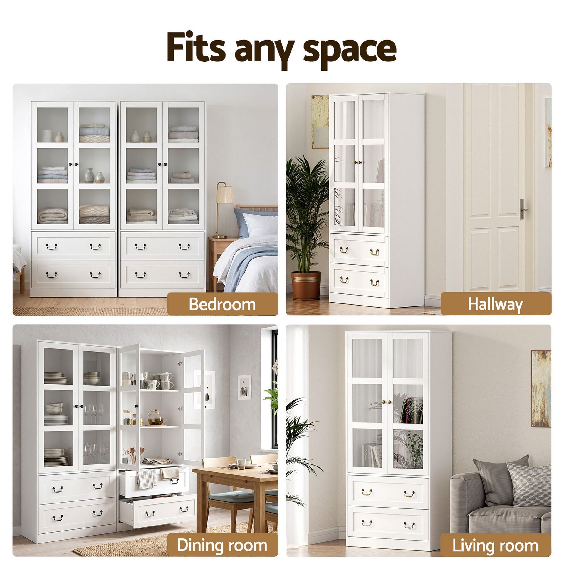 Artiss Buffet Sideboard Cabinets X2 180cm Hutch Storage Kitchen Clear Door White Awezingly