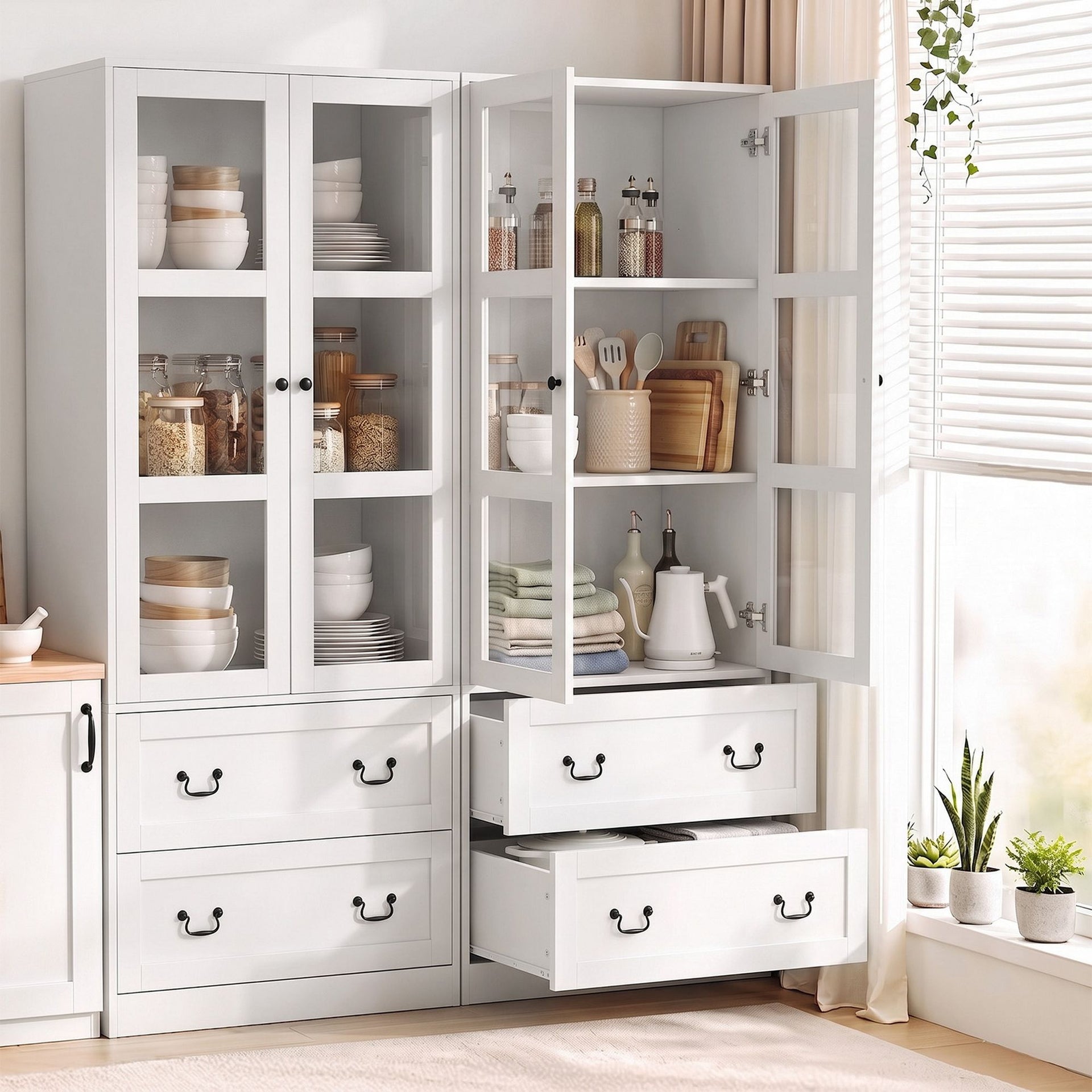 Artiss Buffet Sideboard Cabinets X2 180cm Hutch Storage Kitchen Clear Door White Awezingly