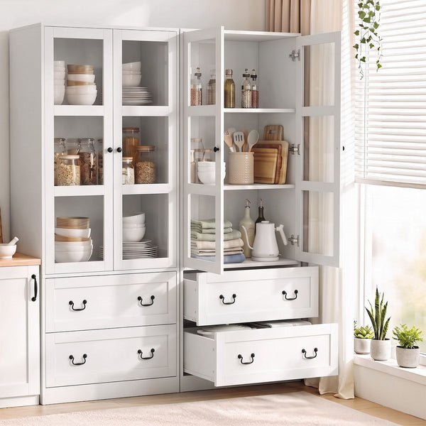Artiss Buffet Sideboard Cabinets X2 180cm Hutch Storage Kitchen Clear Door White Awezingly