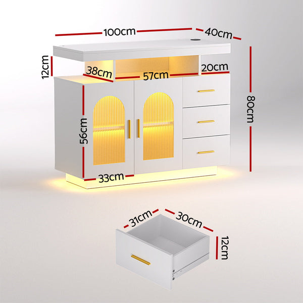Artiss Buffet Sideboard Cabinet LED Clear Door Kitchen Storage Drawers White Awezingly