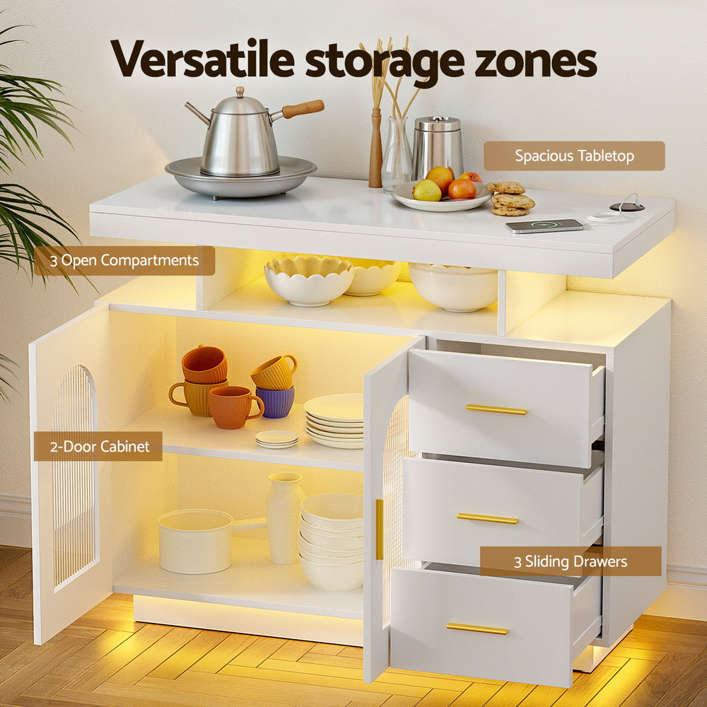 Artiss Buffet Sideboard Cabinet LED Clear Door Kitchen Storage Drawers White Awezingly