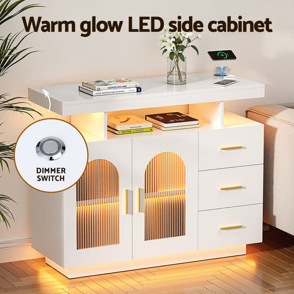 Artiss Buffet Sideboard Cabinet LED Clear Door Kitchen Storage Drawers White Awezingly
