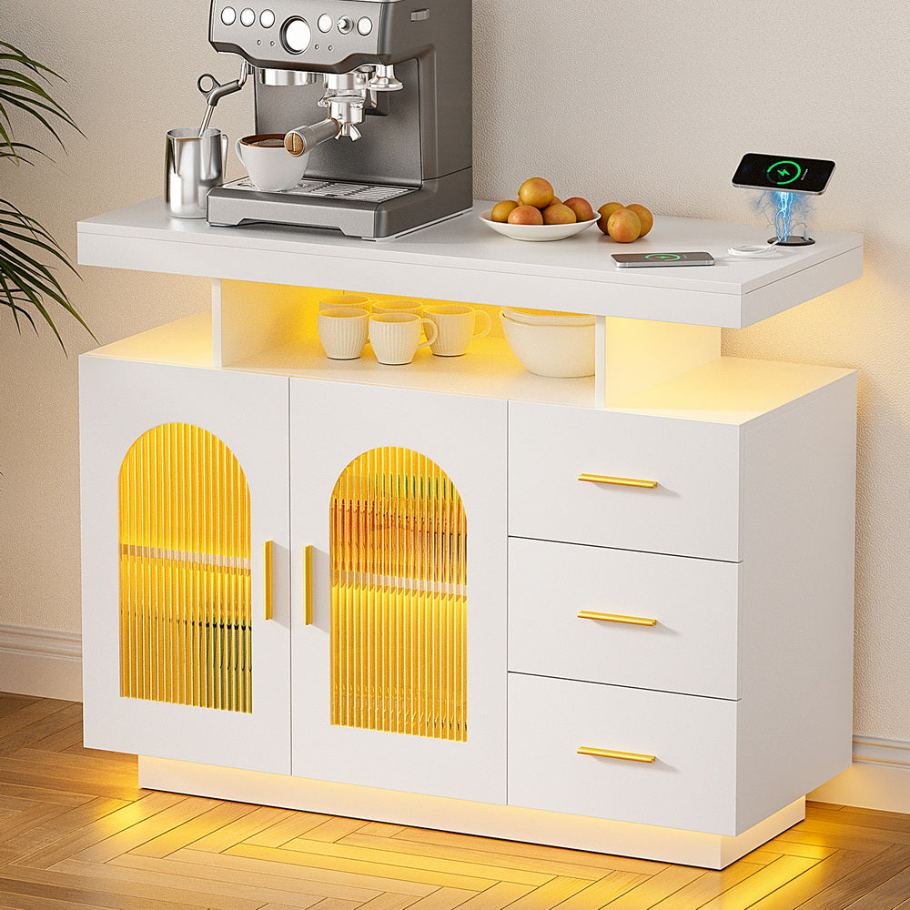 Artiss Buffet Sideboard Cabinet LED Clear Door Kitchen Storage Drawers White Awezingly