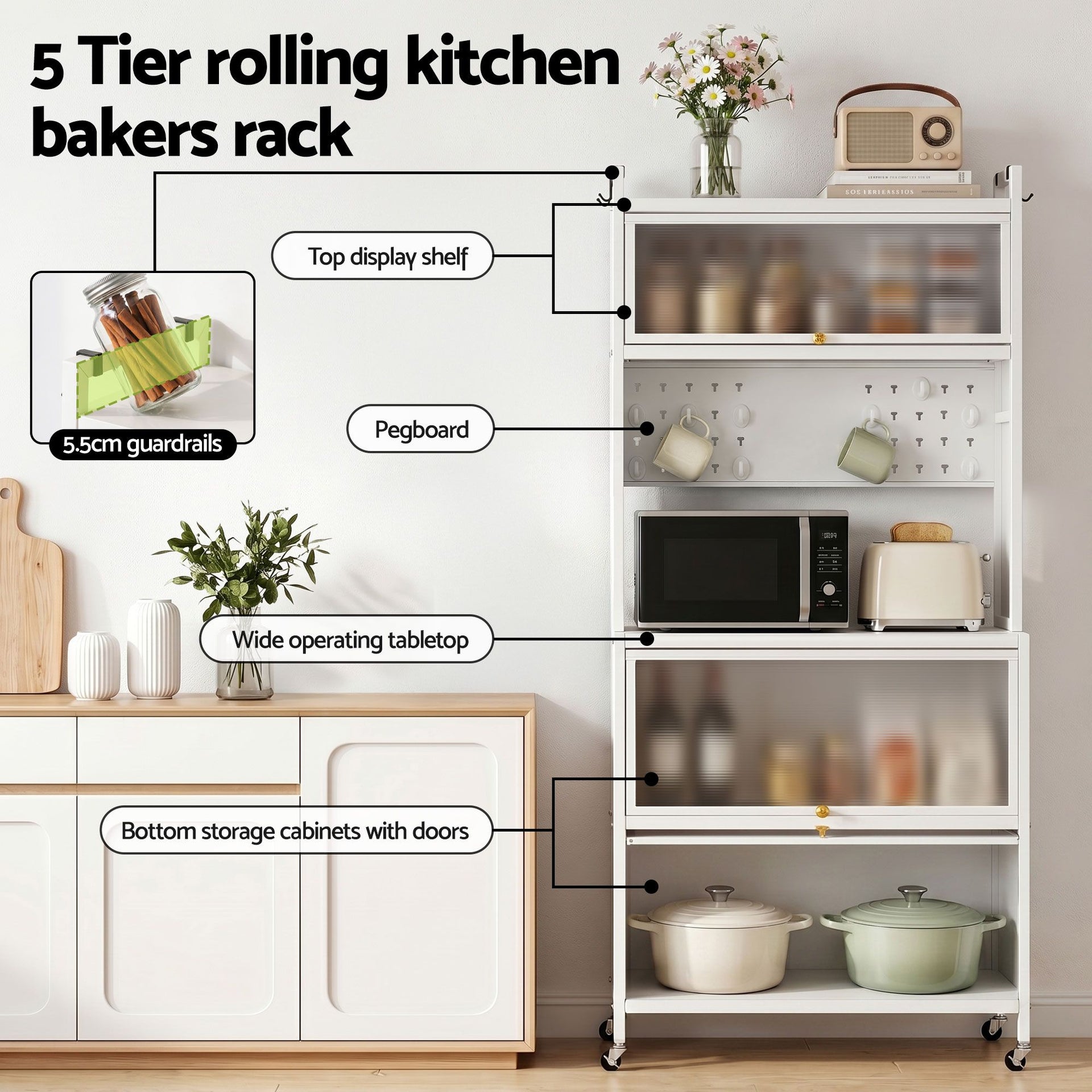 Artiss Kitchen Cabinet Storage Shelves Pegboard Cupboard Sideboard 80CMX164CM Awezingly