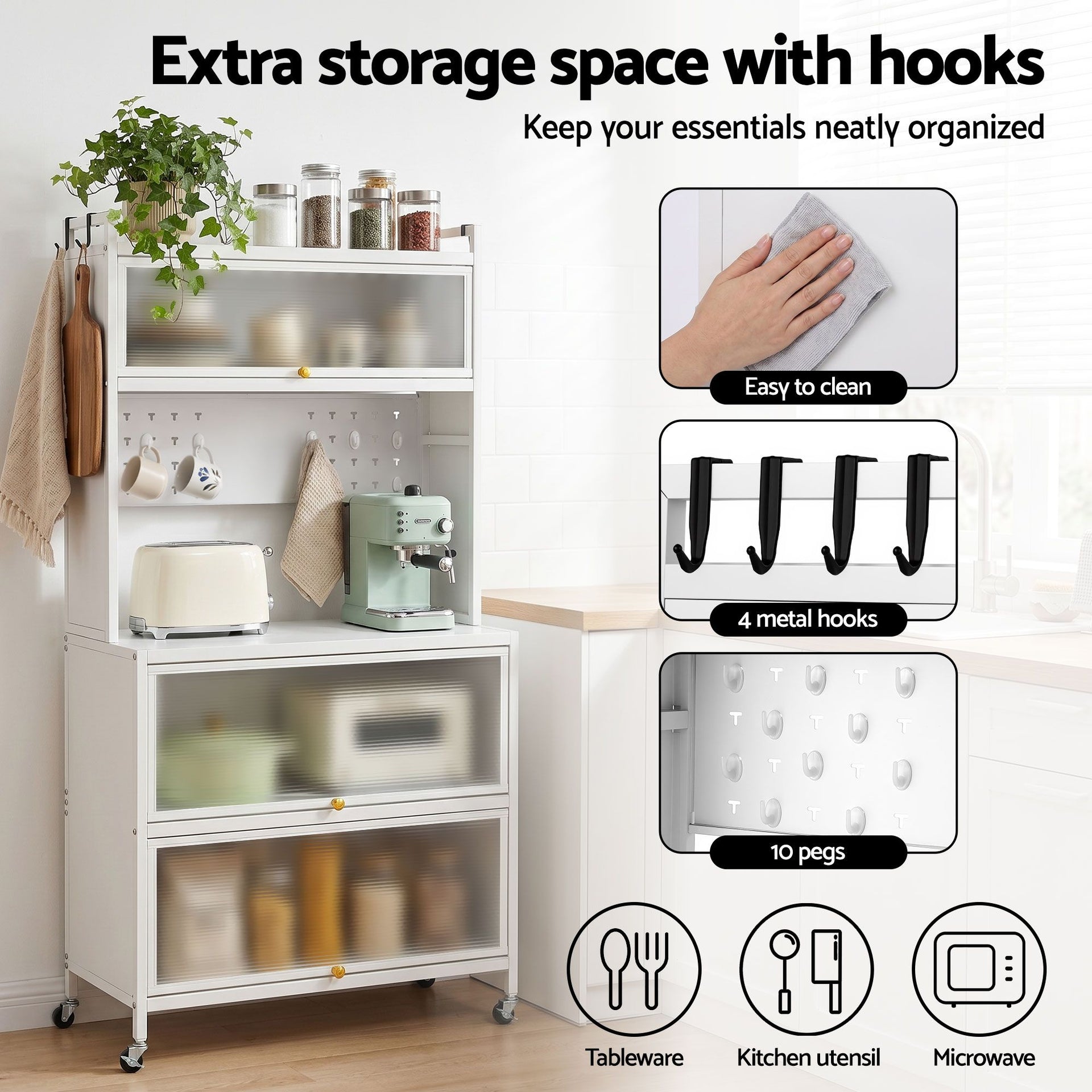 Artiss Kitchen Cabinet Storage Shelves Pegboard Cupboard Sideboard 80CMX164CM Awezingly
