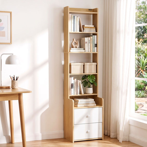 Artiss 6 Tiers Bookshelf with 2 Drawer Storage Shelf Pine Awezingly
