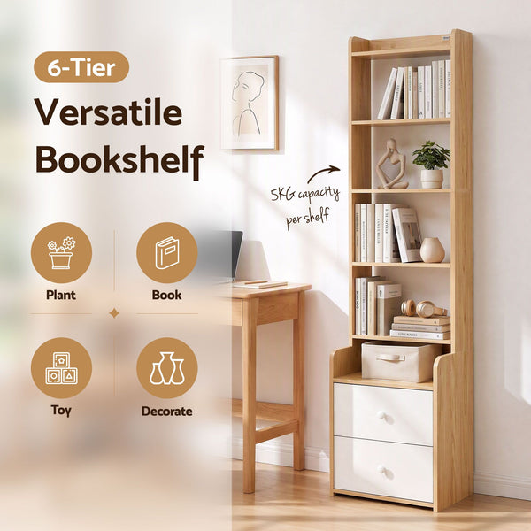 Artiss 6 Tiers Bookshelf with 2 Drawer Storage Shelf Pine Awezingly