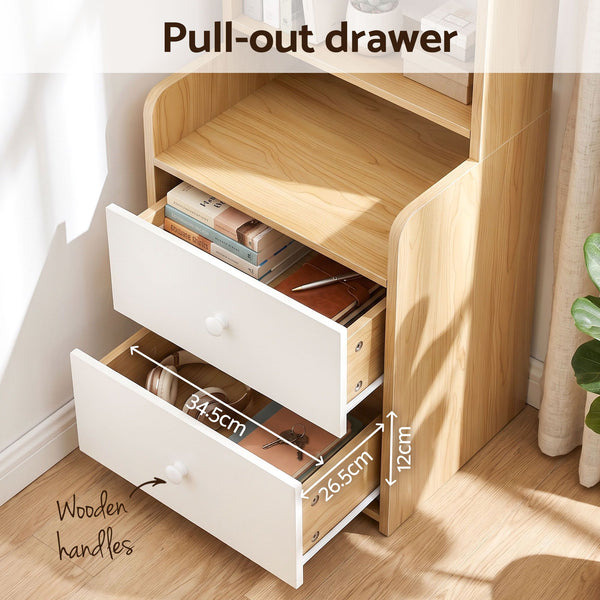 Artiss 6 Tiers Bookshelf with 2 Drawer Storage Shelf Pine Awezingly