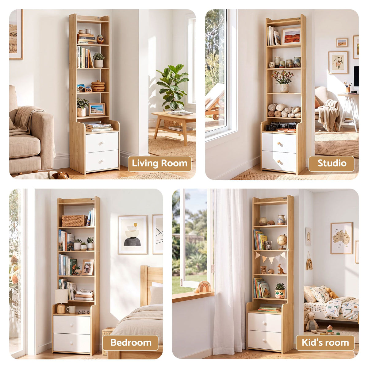 Artiss 6 Tiers Bookshelf with 2 Drawer Storage Shelf Pine Awezingly