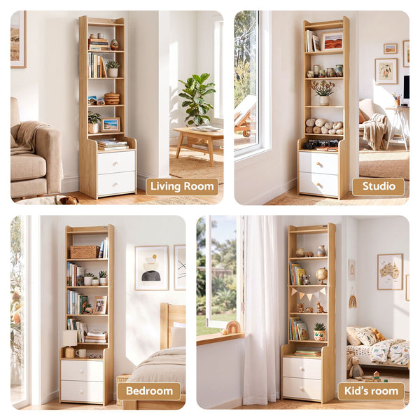 Artiss 6 Tiers Bookshelf with 2 Drawer Storage Shelf Pine Awezingly