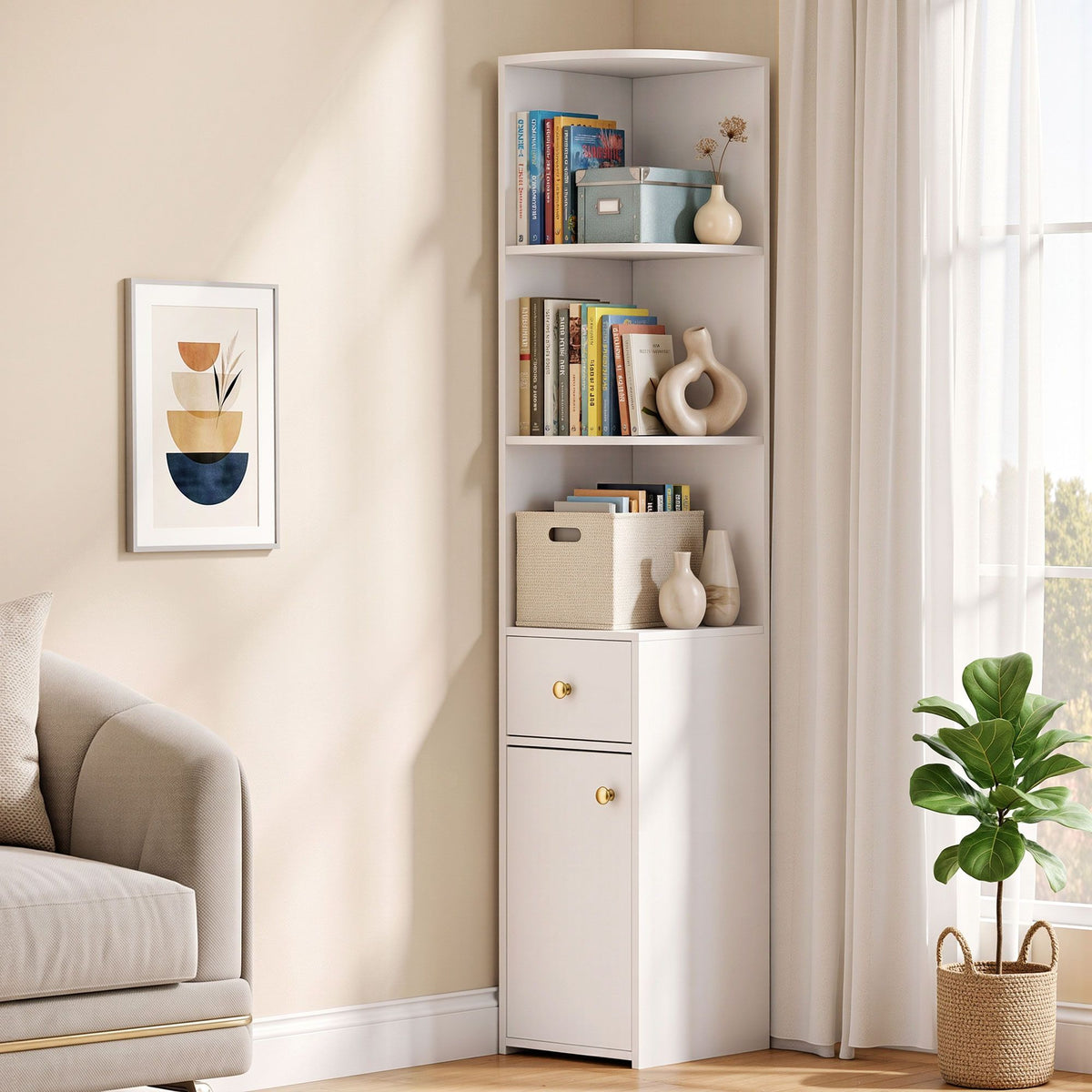 Artiss 3 Tiers Bookshelf with Storage Drawer and Cabinet White Awezingly
