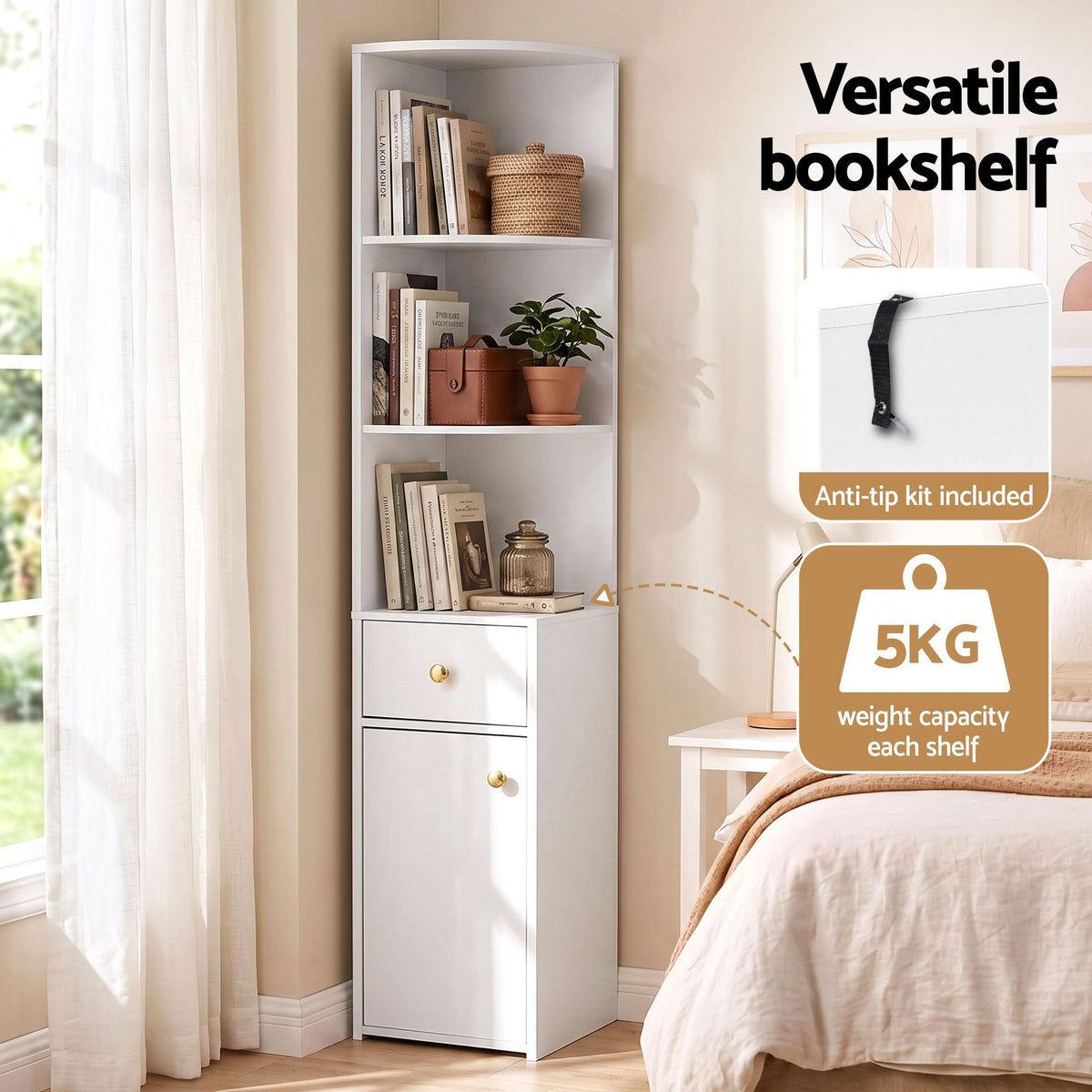 Artiss 3 Tiers Bookshelf with Storage Drawer and Cabinet White Awezingly