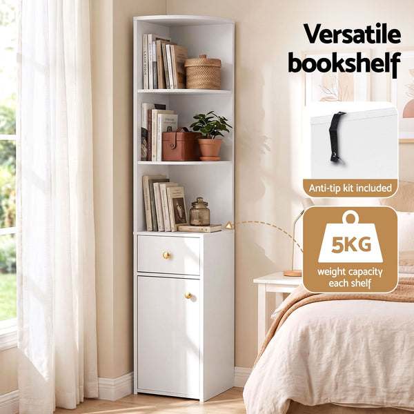 Artiss 3 Tiers Bookshelf with Storage Drawer and Cabinet White Awezingly