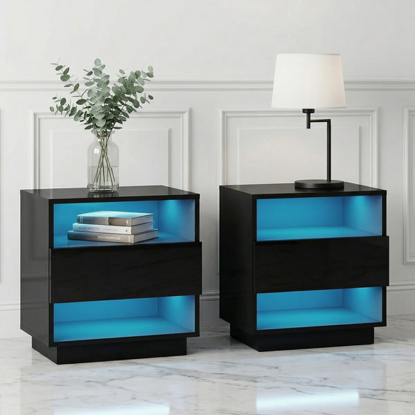 Artiss 2x Bedside Table LED with 2 Shelves - HANA Black Awezingly