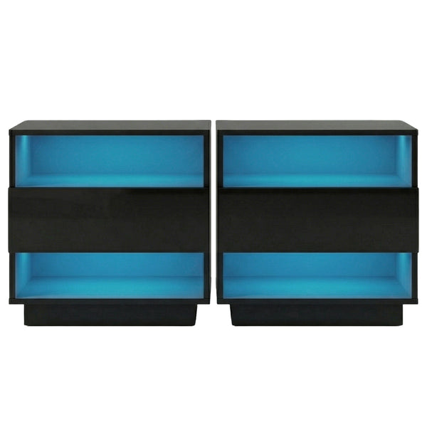 Artiss 2x Bedside Table LED with 2 Shelves - HANA Black Awezingly